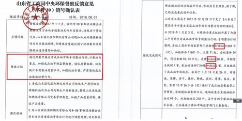 2018年11月1日，中央第三生态环境保护督察组进驻山东省开展“回头看”。通过对相关部门走访问询，并抽查有关企业，发现山东省物流运输企业违规使用普通柴油或其他高硫分燃油问题依然十分突出，柴油货车尾气污染严重。  一、基本情况  《大气污染防治法》明确，禁止向汽车和摩托车销售普通柴油以及其他非机动车用燃料。第一轮中央环保督察反馈指出，山东省以普通柴油替代车用柴油的情况较多，滨州等地市大量物流运输企业违规使用普通柴油，尾气污染问题突出。  为此，山东省整改方案要求，杜绝违规使用普通柴油的情况，并明确由原省工商局负责部署推进相应整改工作。原省工商局于2018年8月1日上报山东省环境保护督察反馈意见整改工作领导小组，声称该问题完成整改并销号。  二、主要问题  督察发现，原山东省工商局作为整改责任主体没有认真履行整改职责，未就整改工作进行部署推进，整改任务目标完全落空，全省物流运输企业违规使用普通柴油或高硫分燃油问题依然普遍存在。  （一）违规售油无人管。督察组抽查3个地市的4家炼化公司，发现这些炼化公司违规大量向物流运输企业销售普通柴油或其他高硫分燃油，导致这些柴油大量替代车用柴油使用，污染严重。2018年，东营齐润化工有限公司将3万余吨硫含量近2000mg/kg的常压柴油售给物流运输企业和加油站，垦利石化有限公司也将3万余吨硫含量2000-3000mg/kg的燃油售给相关物流运输企业和加油站，硫含量最高超标约300倍。2017年中央环保督察以来，山东汇丰石化集团有限公司将近40万吨普通柴油销往多家物流运输企业，潍坊市昌邑石化有限公司将5万余吨国Ⅳ和国Ⅴ的普通柴油售给物流运输企业。现场抽查发现，物流运输企业多数在自身停车场内私自安装加油装置，将所购违规油品自用，昌邑市盛宏物流有限公司甚至违法转售其他社会车辆。   图1 昌邑市盛宏物流有限公司在停车场内私设加油装置  （二）督察整改做样子。原省工商局作为督察整改的责任主体，接受任务时服从安排，实际整改时做做样子。督察反馈明确指出问题主要是炼化公司违法向物流运输企业销售普通柴油替代车用柴油使用，导致汽车尾气污染。但原省工商局等部门整改时仅部署对加油站和成品油仓储批发企业的检查，没有将炼化公司到物流运输企业的黑色链条作为查处对象。整改工作指东打西，真正问题没有触及。另外，整改方案明确的目标是“强化日常监督管理，杜绝违规使用普通柴油”；但原省工商局擅自在销号材料中将目标改为“针对加油站开展专项整治行动”，以此蒙混过关，虚假销号。   图2 原省工商局在销号确认表上弄虚作假  （三）执法监管走过场。2017年以来，山东省各市共打击取缔非法加油点近2000家，但仅对涉案物流运输企业进行了处罚，未能以此为线索追根溯源，对源头炼化公司违规售油问题进行查处，炼化企业到物流运输企业的黑色链条始终未被斩断。  一些炼化企业长期游离于监管之外，缺乏对法律的敬畏。2018年8月，生态环境部调研发现中国化工集团山东昌邑石化有限公司涉嫌违法生产销售国Ⅳ普通柴油，但在进一步调查时，企业拒绝配合，不提供相关台账，并临时编造相关记录。“回头看”进驻后，督察组再次现场检查，要求企业提供储运台账，企业依然拒绝提供，并继续编造谎言，提供虚假材料，性质十分恶劣。  对此，潍坊市查处不严不实，甚至试图蒙混过关。在督察组两次督导后，查处工作依然走过场，在未调度企业生产记录和储运台账等关键证据的情况下，即采信企业说法，甚至未调阅生产记录就作出该企业2018年未生产销售国Ⅳ普通柴油的结论。直到督察组再次督导、进一步明确要求后才加大查处力度，发现该企业2018年实际以燃料油名义违规销售国Ⅳ普通柴油4万多吨。  三、原因分析  原山东省工商局不在整改落实中下功夫，反而在整改销号上动脑筋，表面整改，虚假整改问题突出。  山东省有关地市不敢动真碰硬，对违法销售不合格油品的黑色链条整治不力，未能对油品来源追根溯源，未对炼化企业的违法行为依法查处。